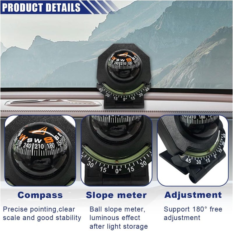 BDZMC Car Compass, Car Dashboard Compass Ball with Slope Meter, Adjustable Night Vision Compass, Universal Car Accessories for Car, Boat, Truck - Image 3